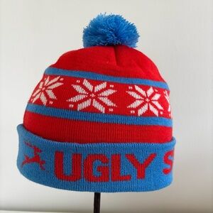 Ugly sweater run blue red pom-pom beanie cap